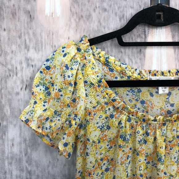 Decree Yellow Floral Short Sleeve Boho Top Blouse - Picture 6 of 8
